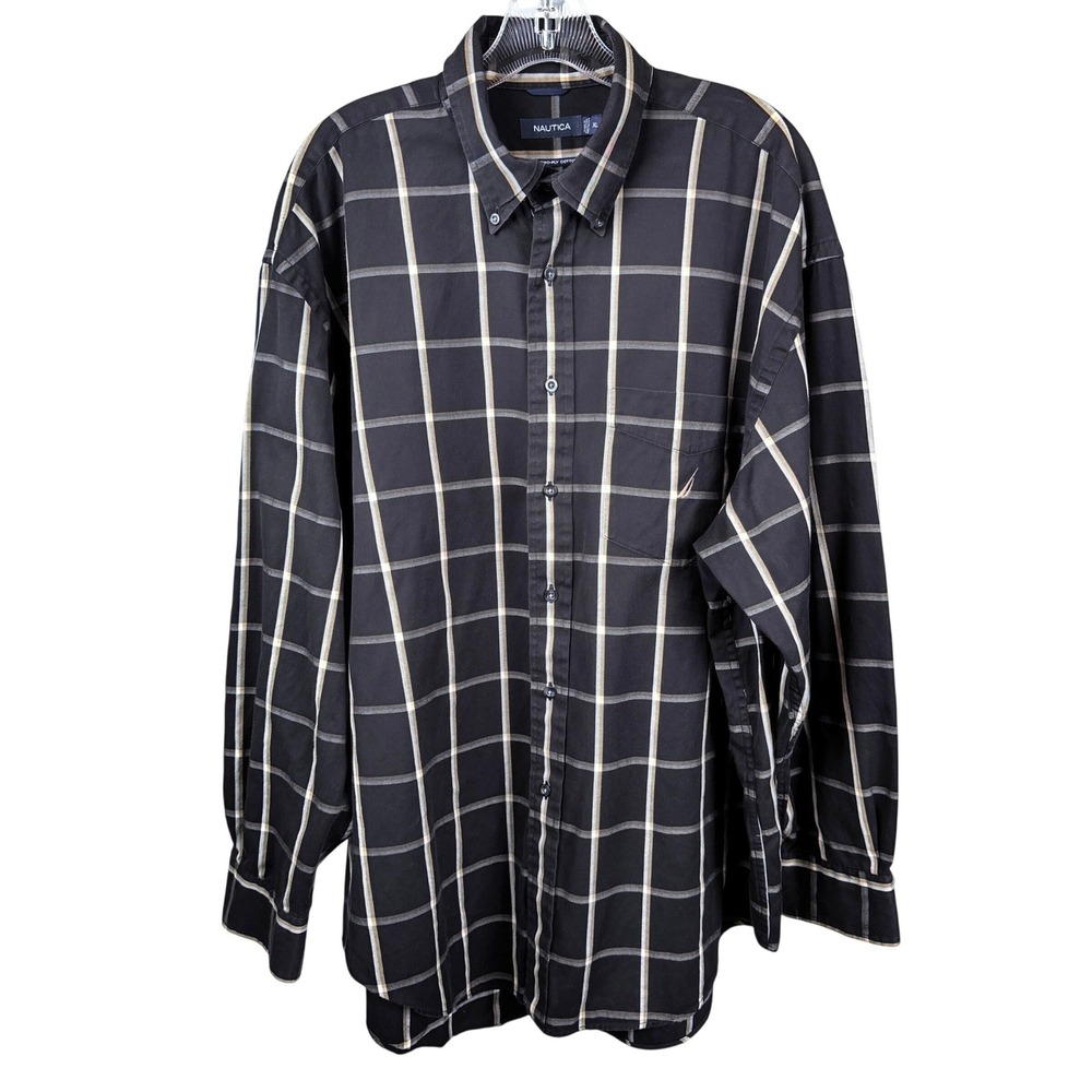 Nautica 80s Two-Ply Cotton Shirt Mens XL Black Plaid Button Down Mauritius
